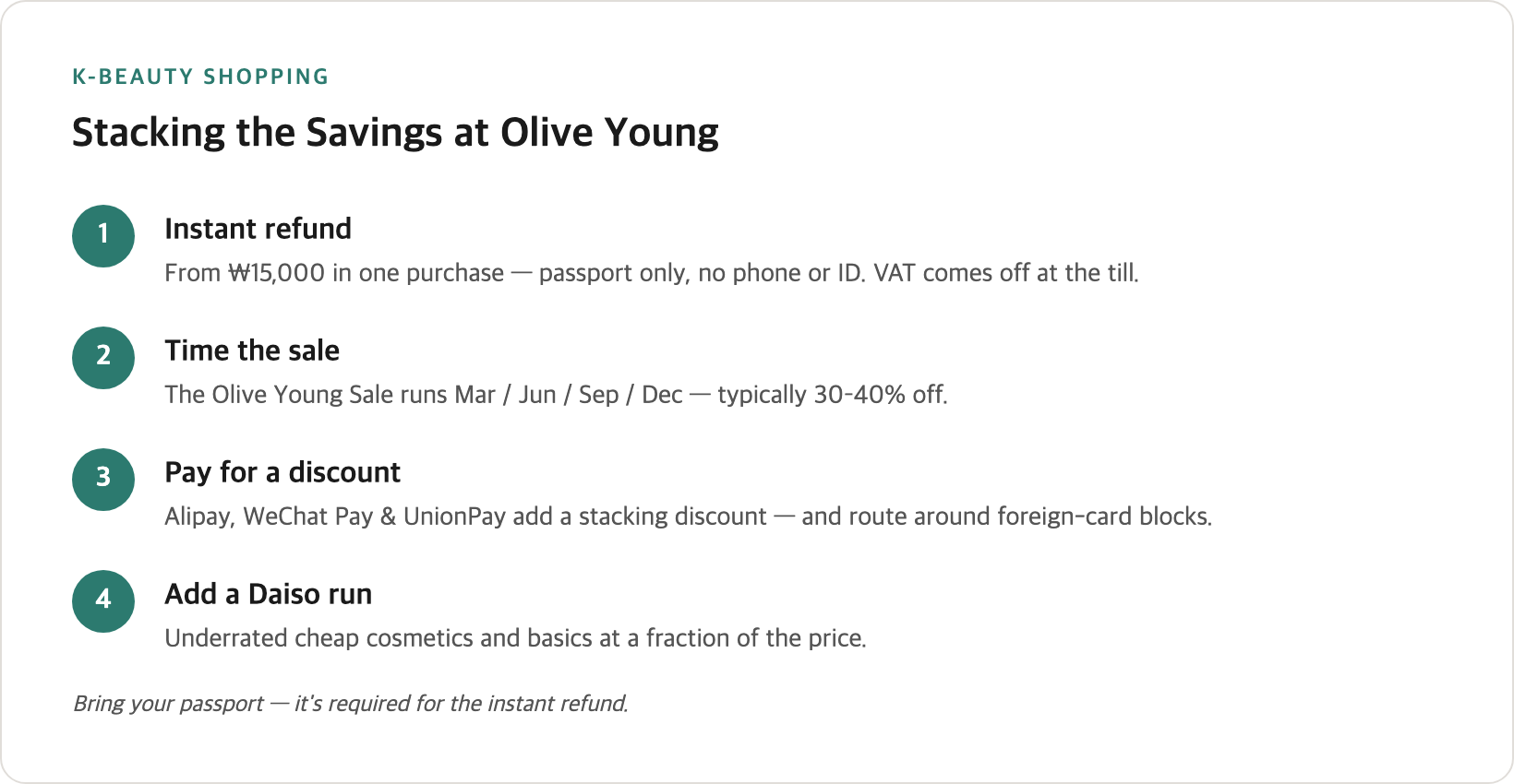 K-beauty shopping in Korea — the instant refund from ₩15,000, the quarterly sale calendar, the foreign-pay discount, and where to shop