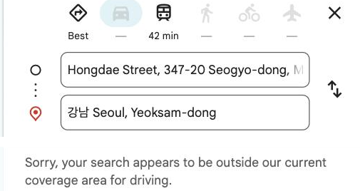 Google Maps refusing driving directions in Seoul