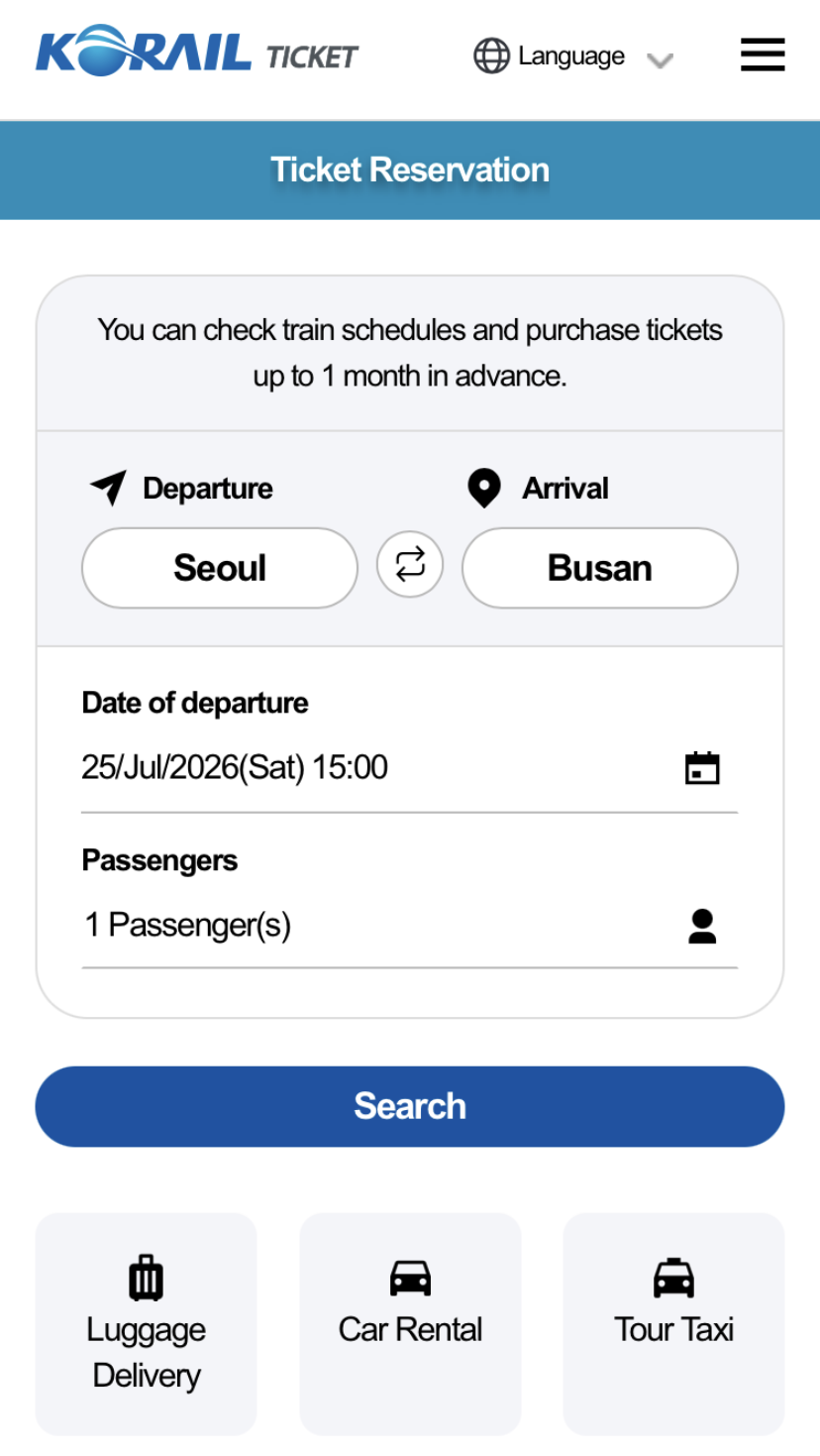 KORAIL app in English showing KTX booking Seoul to Busan