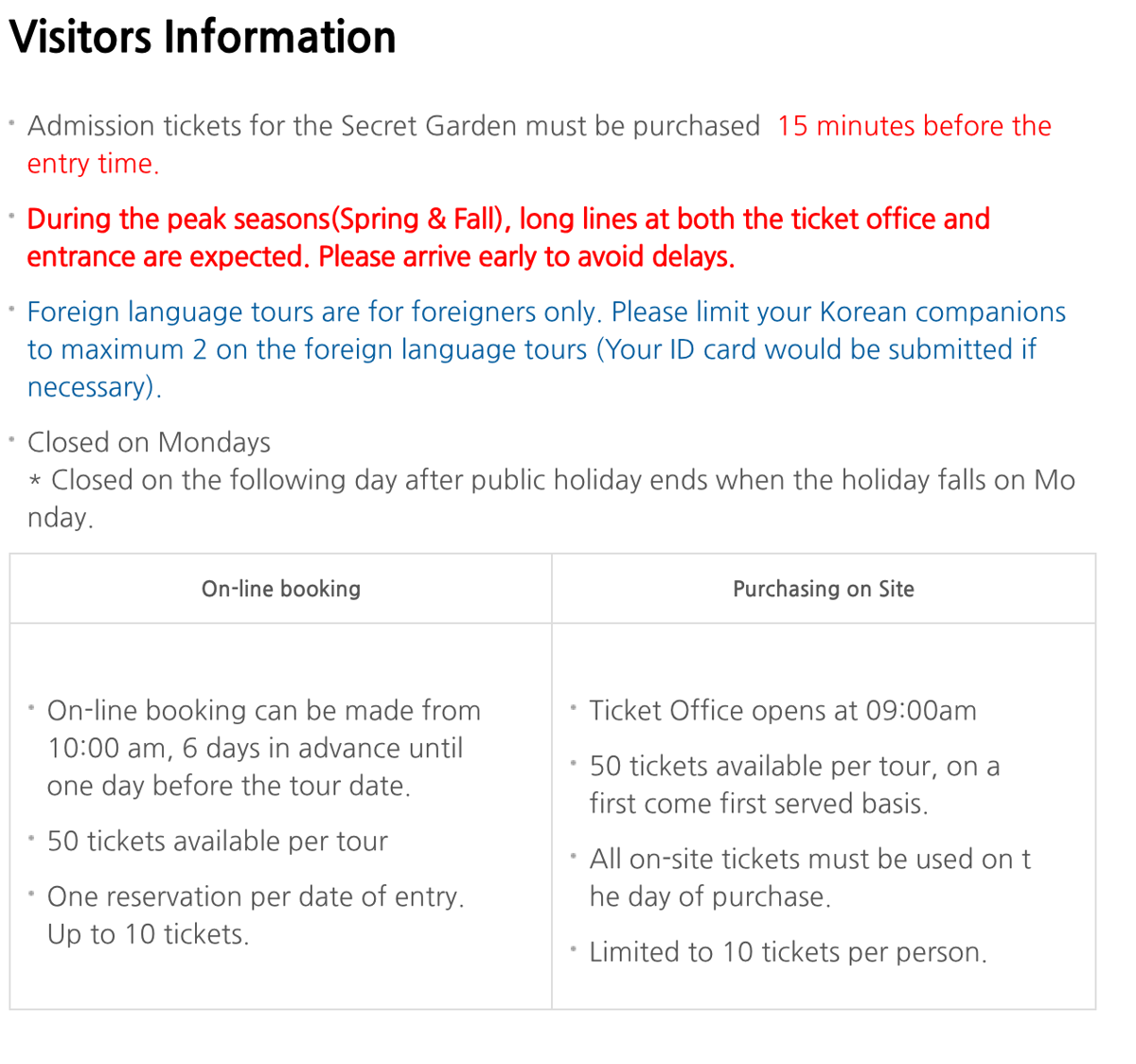 The official Changdeokgung reservation site in English, showing the split between online and on-site Secret Garden tickets, the 09:00 ticket office opening, and the rule limiting Korean companions on foreign-language sessions