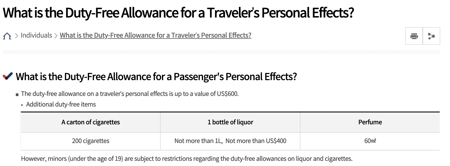 Korea Customs Service English-language traveler duty-free allowance page with base allowance of US$600, liquor 1 bottle and 1 liter limit, perfume 60ml, and no e-cigarette category listed