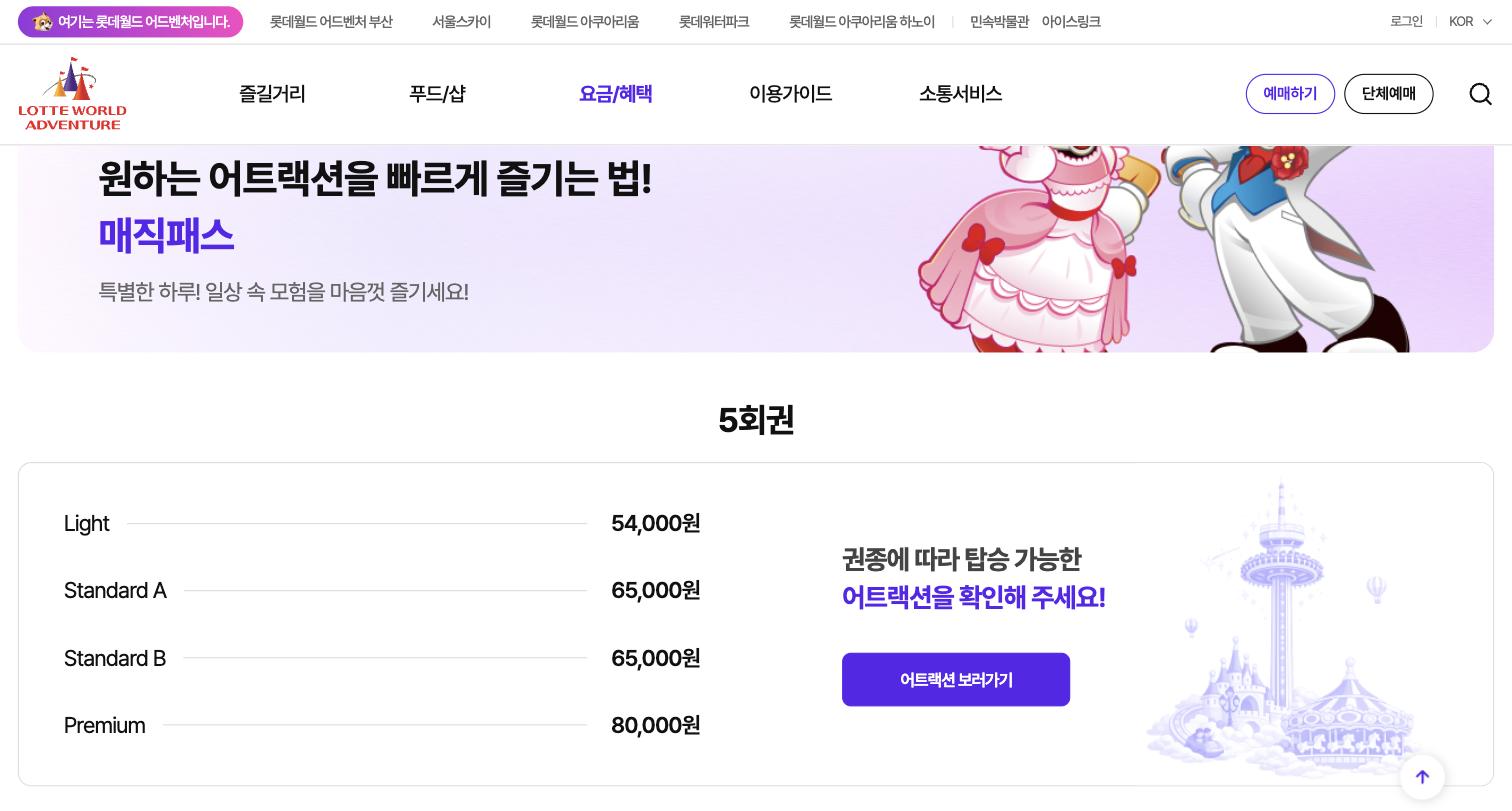 Lotte World Adventure official Magic Pass pricing page in Korean showing four-tier Magic Pass system with prices: Light 54,000 KRW, Standard A 65,000 KRW, Standard B 65,000 KRW, and Premium 80,000 KRW, confirming the 2026 pricing structure