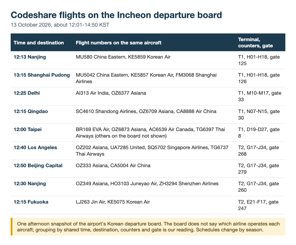 Table of nine codeshare groups on the Incheon departure board, 13 October 2026, about 12:01-14:50 KST, showing flight numbers on one aircraft with terminal, counters and gate; the board does not name the operating carrier, grouping is our reading.