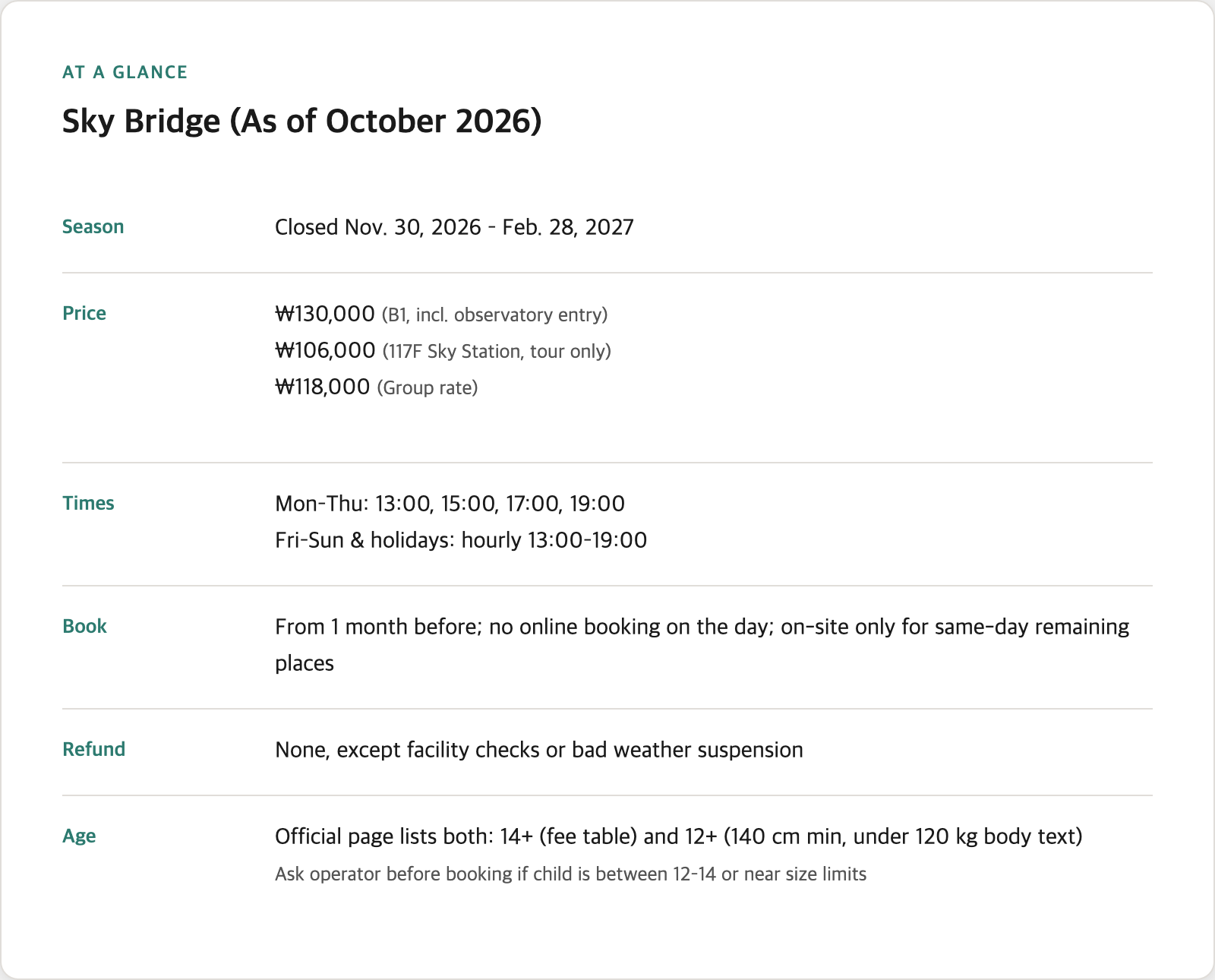 Sky Bridge booking information card showing season from November 30 2026 to February 28 2027, pricing options from B1 or Sky Station, departure times by day, booking requirements, refund policy, and age restrictions